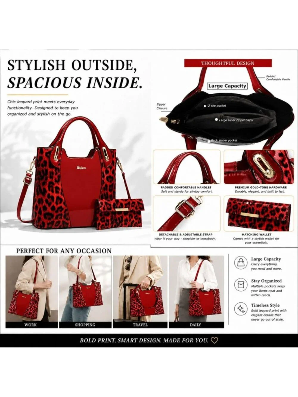 Glossy Leopard Print Tote & Purse Set for Women | Stylish Leather Handbags